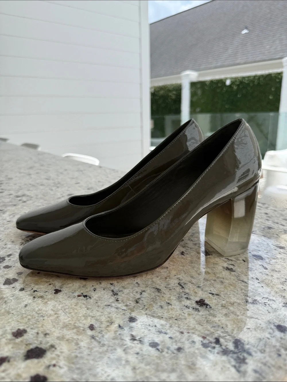 Tory Burch Olive Patent Block Heel Pumps